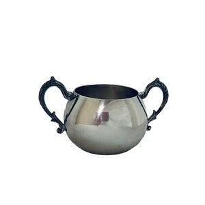 Sheridan Silver On Copper Open Sugar Bowl With Ornate Handles 2.5" Tall Vintage